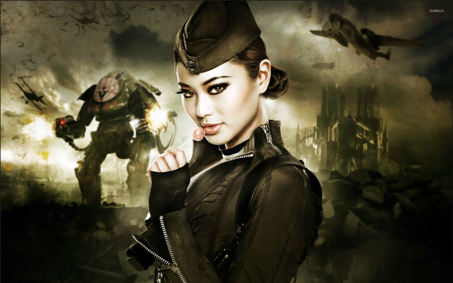 Woman soldier black outfit hat free wallpaper for desktop - medium preview image