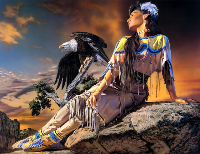 Native american woman rock bird #2 free wallpaper for desktop - medium preview image