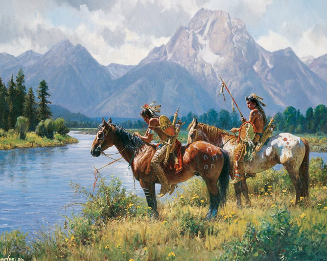 Native american men horses river free wallpaper for desktop - medium preview image