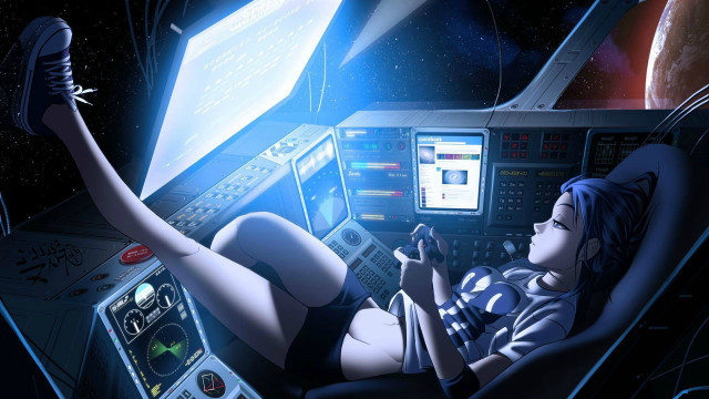 Spacewoman cyberpunk astronaut aurora moon free wallpaper for desktop - medium preview image