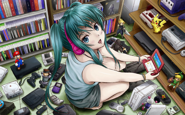 Girl sitting floor laptop headphones free wallpaper for desktop - medium preview image