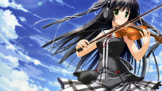 Girl dress violin sky clouds free wallpaper for desktop - medium preview image