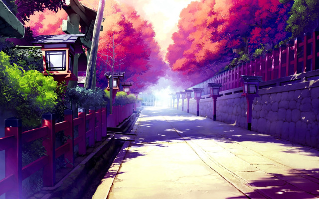 Street red fence trees painting free wallpaper for desktop - medium preview image