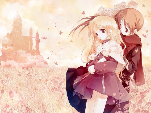 Anime girls field flowers castle free wallpaper for desktop - medium preview image