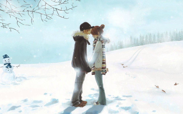 Couple kissing snow snowman tree #3 free wallpaper for desktop - medium preview image