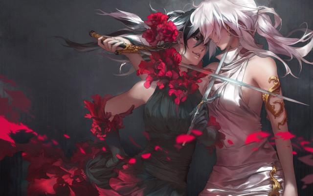 Women swords flowers hands fighting free wallpaper for desktop - medium preview image