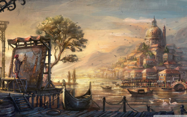 City water painting boat bridge #2 free wallpaper for desktop - medium preview image