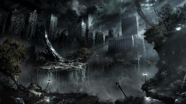 Dark city trees buildings background free wallpaper for desktop - medium preview image