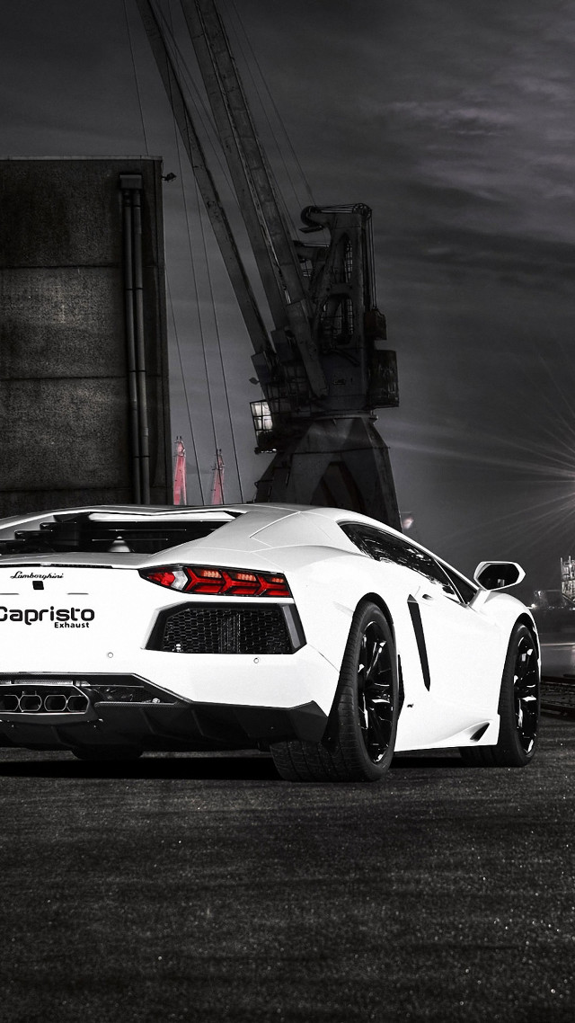White sports car crane lift free wallpaper for mobile - medium preview image
