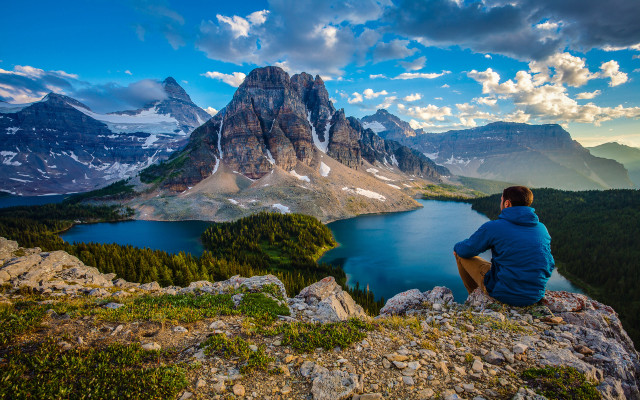 Man sitting rock mountain lake free wallpaper for desktop - medium preview image