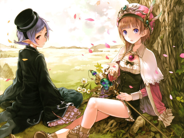 Anime girls tree field flowers free wallpaper for desktop - medium preview image