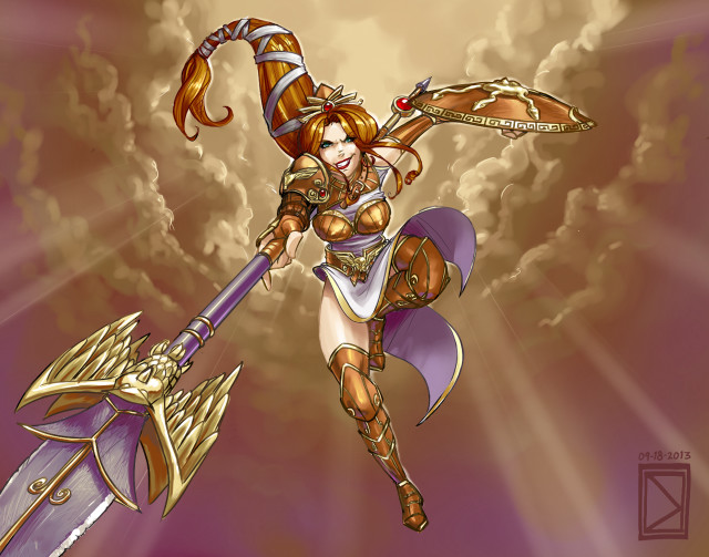 Woman sword armor flying clouds free wallpaper for desktop - medium preview image