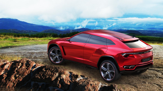 Red sports car rocky road free wallpaper for desktop - medium preview image