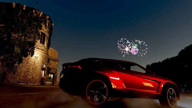Red sports car castle night free wallpaper for desktop - medium preview image