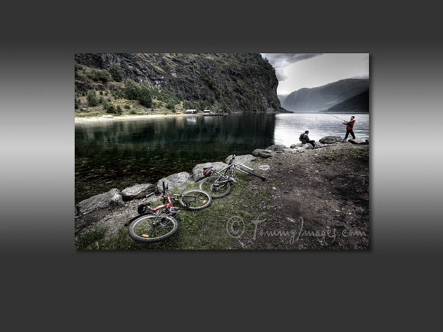 Man lake two bikes person free wallpaper for desktop - medium preview image