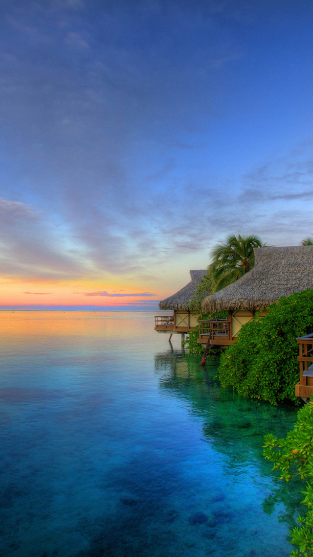 Tropical resort dock hut sunset free wallpaper for mobile - medium preview image