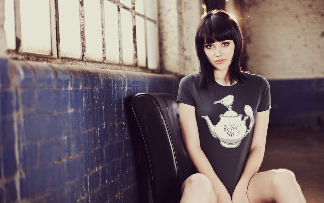 Woman sitting chair brick wall free wallpaper for desktop - medium preview image