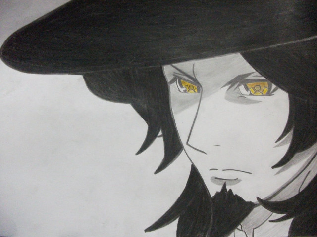Man hat yellow eyes drawing free wallpaper for desktop - medium preview image