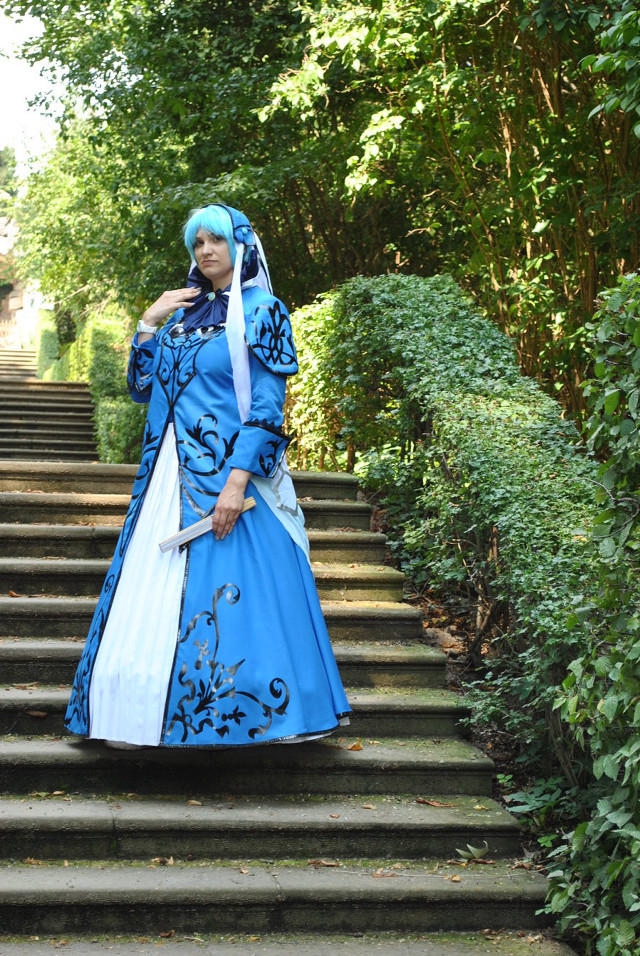 Woman blue dress steps park free wallpaper for mobile - medium preview image