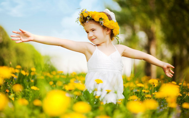 Little girl field flowers arms free wallpaper for desktop - medium preview image