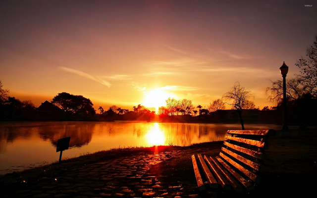 Bench lake sunset dawn sky free wallpaper for desktop - medium preview image
