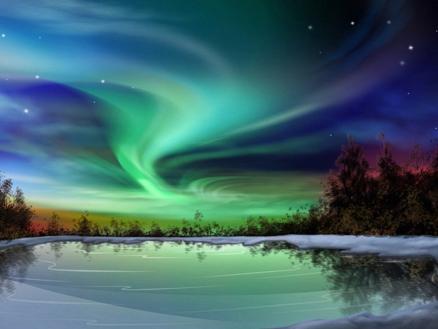 Aurora borealis frozen lake woods free wallpaper for desktop - medium preview image