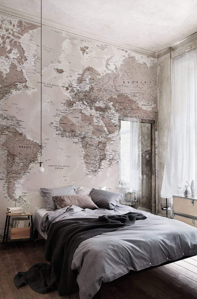 Bedroom map bed gray comforter free wallpaper for mobile - medium preview image