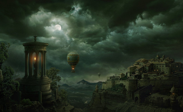 Dark landscape hot air balloon free wallpaper for desktop - medium preview image