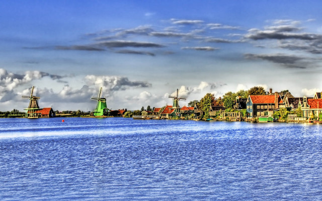River houses windmills cloudy sky #3 free wallpaper for desktop - medium preview image