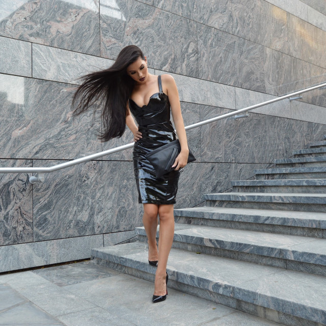 Woman black dress stairs hair free wallpaper for tablet - medium preview image