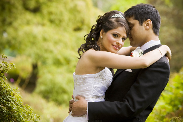 Bride groom embracing garden bushes free wallpaper for desktop - medium preview image