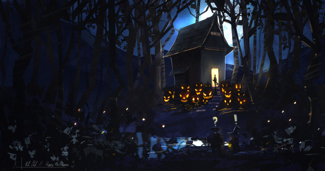 House pumpkins woods night full free wallpaper for desktop - medium preview image