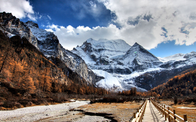 Wooden bridge mountain river snow #3 free wallpaper for desktop - medium preview image