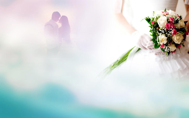 Bride groom kissing bouquet flowers free wallpaper for desktop - medium preview image