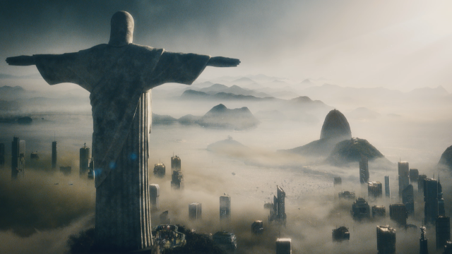 Christ statue fog mountains city free wallpaper for desktop - medium preview image