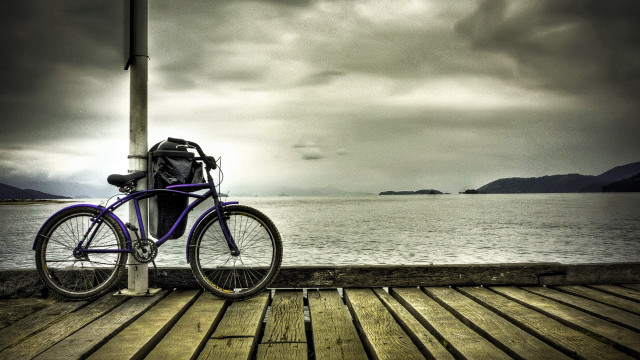 Purple bike pier ocean mountains free wallpaper for desktop - medium preview image