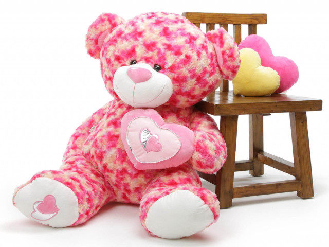 Pink teddy bear wooden chair free wallpaper for desktop - medium preview image