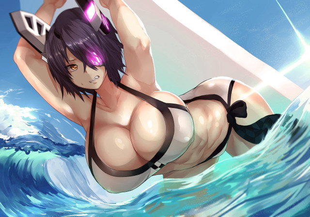 Cartoon woman bikini surfboard ocean free wallpaper for desktop - medium preview image