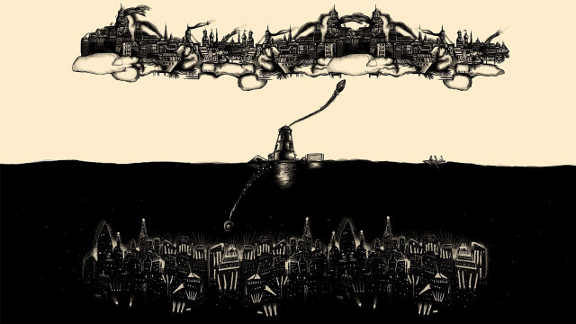 City skyline flying person kite free wallpaper for desktop - medium preview image