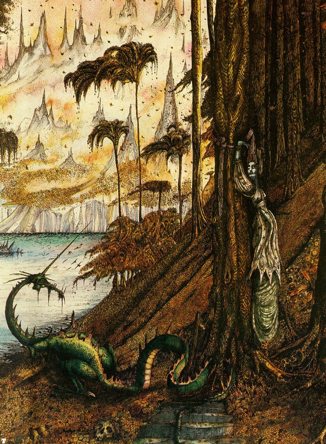 Woman tree dragon creature painting free wallpaper for mobile - medium preview image