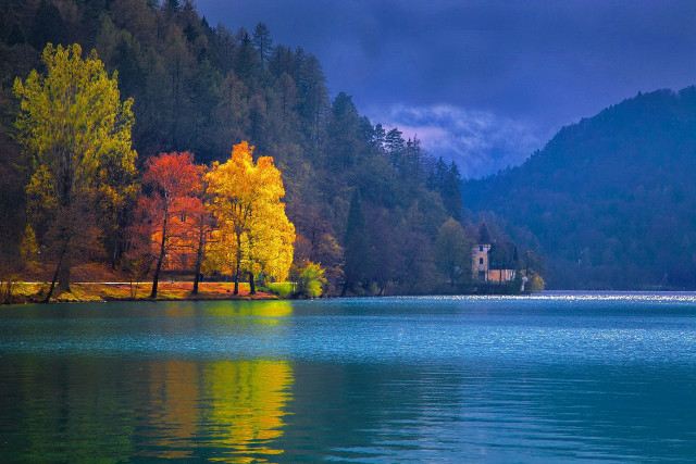 Lake church trees cloudy sky free wallpaper for desktop - medium preview image