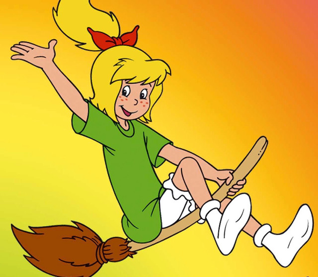 Cartoon girl riding broom red free wallpaper for tablet - medium preview image