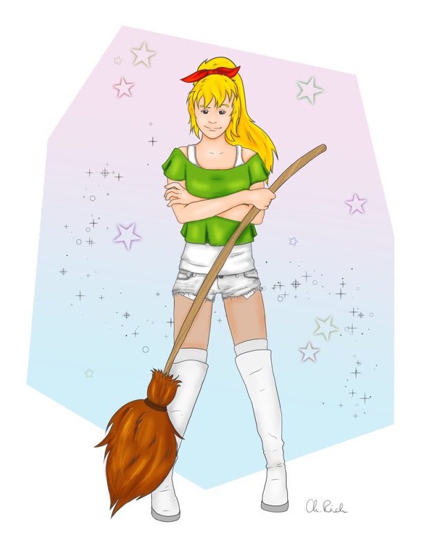 Woman shorts green shirt broom free wallpaper for mobile - medium preview image