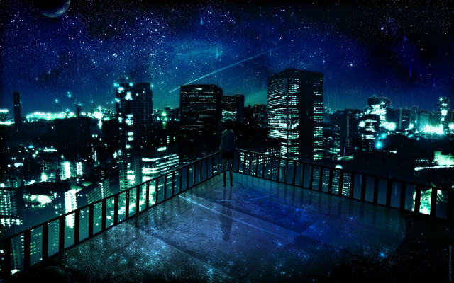 City skyline night person balcony free wallpaper for desktop - medium preview image
