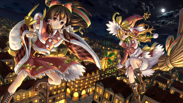 Anime characters flying city night free wallpaper for desktop - medium preview image