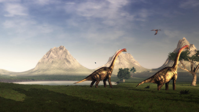 Dinosaurs walking field mountains bird free wallpaper for desktop - medium preview image