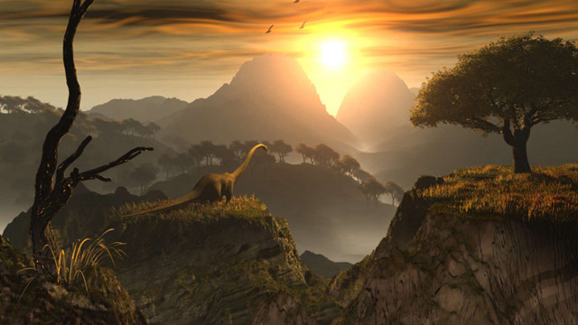 Dinosaur hill sunset birds flying free wallpaper for desktop - medium preview image