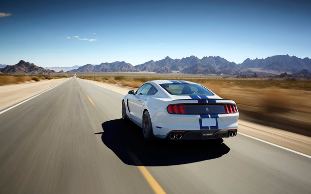 White mustang desert road mountains free wallpaper for desktop - medium preview image