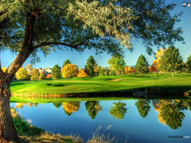 Golf course pond trees blue free wallpaper for desktop - medium preview image