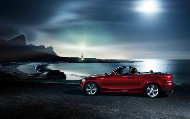 Red convertible car ocean night free wallpaper for desktop - medium preview image